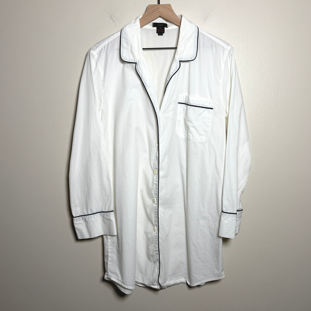 J.Crew Womens 100% Cotton Nightshirt M White Contrast Piping Long Sleeve Sleep